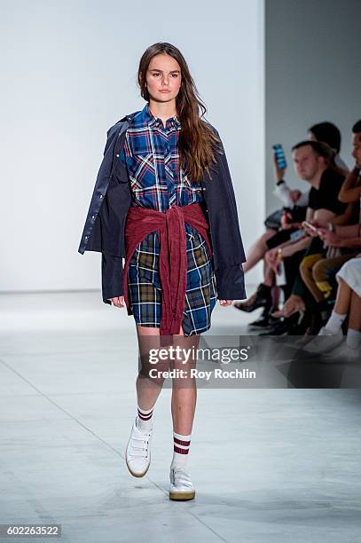 Model walks the runway at the Band Of Outsiders fashion show during New York Fashion Week September 2016 at The Gallery, Skylight at Clarkson Sq on...