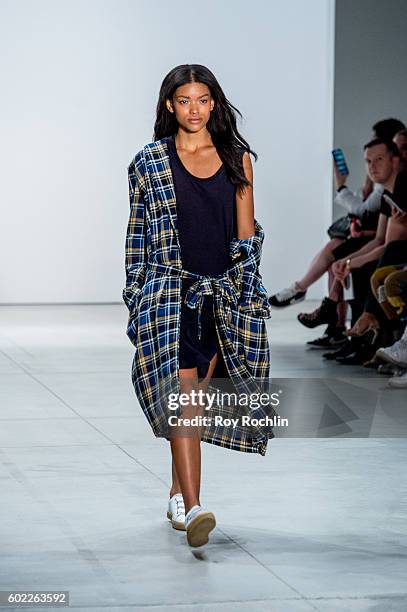 Model walks the runway at the Band Of Outsiders fashion show during New York Fashion Week September 2016 at The Gallery, Skylight at Clarkson Sq on...