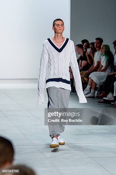 Model walks the runway at the Band Of Outsiders fashion show during New York Fashion Week September 2016 at The Gallery, Skylight at Clarkson Sq on...