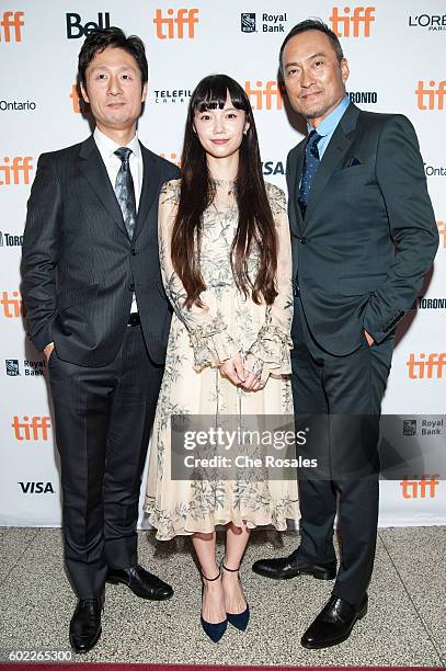 Diector Sang-il Lee, Actress Aoi Miyazaki and Actor Ken Watanabe attend the premiere of "Rage" during the 2016 Toronto International Film Festival at...