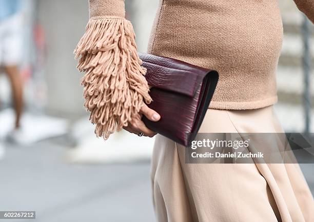 Leigh Lezark, purse detail, is seen outside the Jonathan Simkhai show during New York Fashion Week Spring 2017 on September 10, 2016 in New York City.