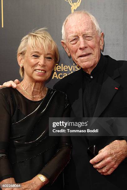 Max von Sydow and Catherine Brelet attend the 2016 Creative Arts Emmy Awards held at Microsoft Theater on September 10, 2016 in Los Angeles,...