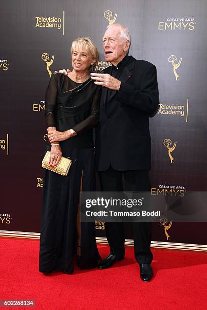 Max von Sydow and Catherine Brelet attend the 2016 Creative Arts Emmy Awards held at Microsoft Theater on September 10, 2016 in Los Angeles,...