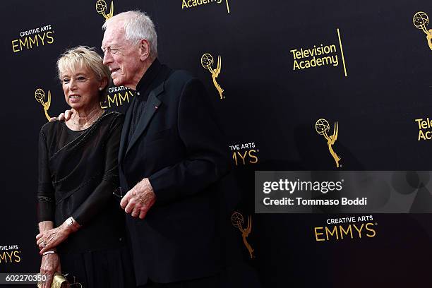 Max von Sydow and Catherine Brelet attend the 2016 Creative Arts Emmy Awards held at Microsoft Theater on September 10, 2016 in Los Angeles,...