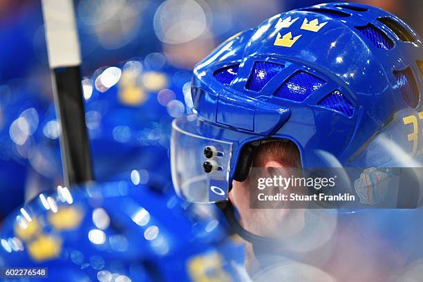 The logo of Sweden is seen on a helmet during the World Cup of Hockey game between Finland and Sweden at the Hartwell Areena on September 8, 2016 in...