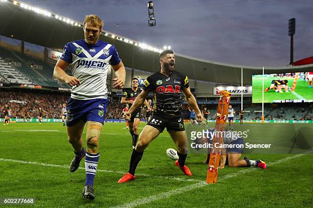 Josh Mansour of the Panthers celebrates scoring a try during the NRL Elimination Final match between the Penrith Panthers and the Canterbury Bulldogs...