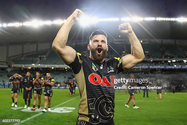 Josh Mansour of the Panthers celebrates winning the NRL Elimination Final match between the Penrith Panthers and the Canterbury Bulldogs at Allianz...