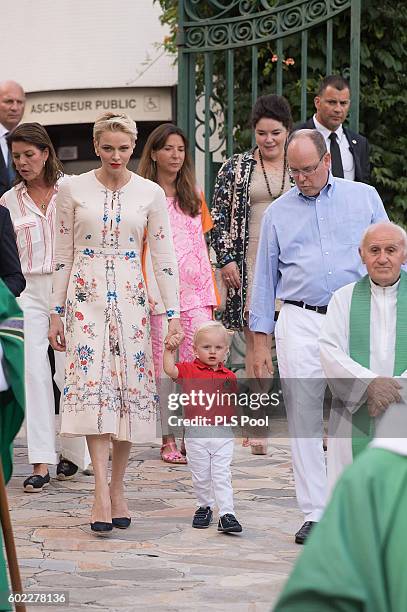 Prince Albert II of Monaco, Prince Jacques, Princess Charlene of Monaco arrive to attend the annual traditional 'Pique Nique Monegasque' on September...