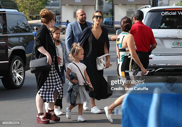 Jessica Alba and her daughters Honor Warren and Haven Warren arrive for the women's final at Arthur Ashe Stadium on day 13 of the 2016 US Open at...