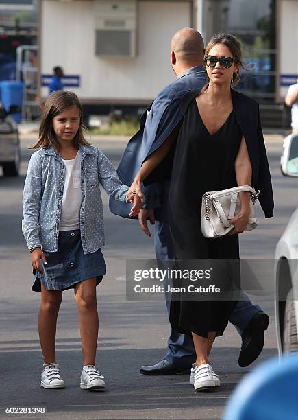 Jessica Alba and her daughter Honor Warren arrive for the women's final at Arthur Ashe Stadium on day 13 of the 2016 US Open at USTA Billie Jean King...