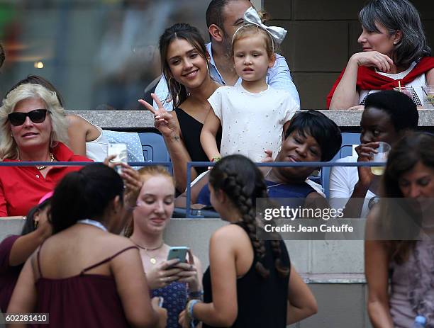 Jessica Alba and her younger daughter Haven Warren attend the women's final at Arthur Ashe Stadium on day 13 of the 2016 US Open at USTA Billie Jean...