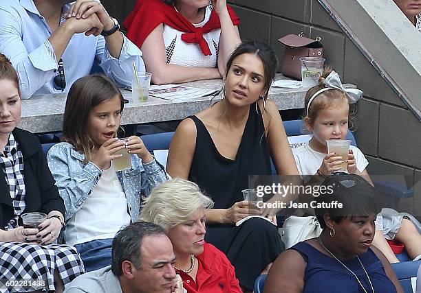 Jessica Alba and her daughters Honor Warren and Haven Warren attend the women's final at Arthur Ashe Stadium on day 13 of the 2016 US Open at USTA...