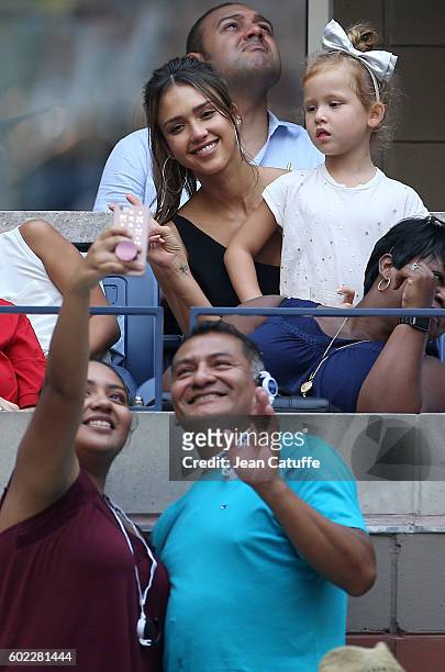 Jessica Alba and her younger daughter Haven Warren attend the women's final at Arthur Ashe Stadium on day 13 of the 2016 US Open at USTA Billie Jean...