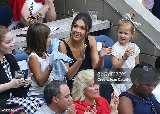 Jessica Alba and her daughters Honor Warren and Haven Warren attend the women's final at Arthur Ashe Stadium on day 13 of the 2016 US Open at USTA...