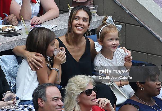 Jessica Alba and her daughters Honor Warren and Haven Warren attend the women's final at Arthur Ashe Stadium on day 13 of the 2016 US Open at USTA...