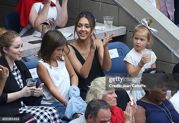 Jessica Alba and her daughters Honor Warren and Haven Warren attend the women's final at Arthur Ashe Stadium on day 13 of the 2016 US Open at USTA...