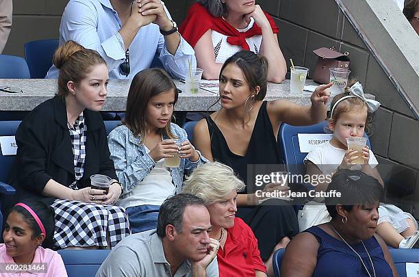 Jessica Alba and her daughters Honor Warren and Haven Warren attend the women's final at Arthur Ashe Stadium on day 13 of the 2016 US Open at USTA...