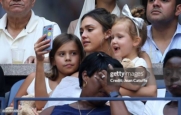 Jessica Alba and her daughters Honor Warren and Haven Warren attend the women's final at Arthur Ashe Stadium on day 13 of the 2016 US Open at USTA...