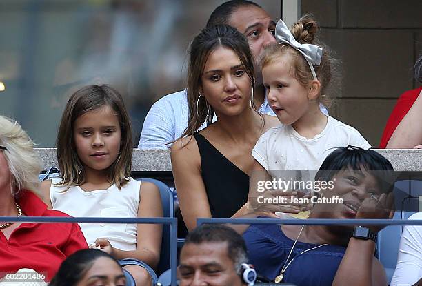 Jessica Alba and her daughters Honor Warren and Haven Warren attend the women's final at Arthur Ashe Stadium on day 13 of the 2016 US Open at USTA...