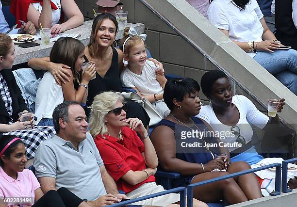 Jessica Alba, her daughters Honor Warren and Haven Warren, and Danai Gurira attend the women's final at Arthur Ashe Stadium on day 13 of the 2016 US...