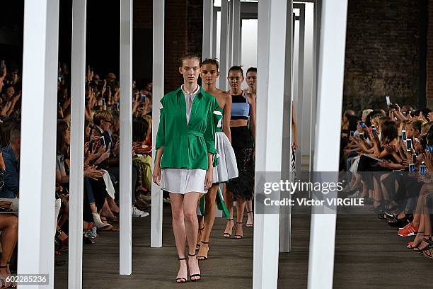 Model walks at Milly Ready to Wear Spring Summer 2017 fashion show during New York Fashion Week on September 9, 2016 in New York City.