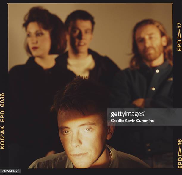 English rock group New Order, 1st November 1985. Clockwise, from front: singer and guitarist Bernard Sumner, keyboard player Gillian Gilbert, drummer...
