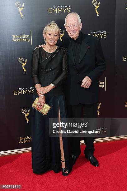 Actors Catherine Brelet and Max von Sydow attend the 2016 Creative Arts Emmy Awards Day 1 at the Microsoft Theater on September 10, 2016 in Los...