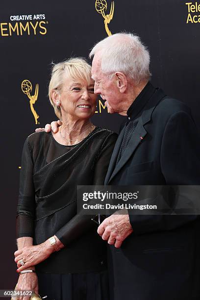 Actors Catherine Brelet and Max von Sydow attend the 2016 Creative Arts Emmy Awards Day 1 at the Microsoft Theater on September 10, 2016 in Los...