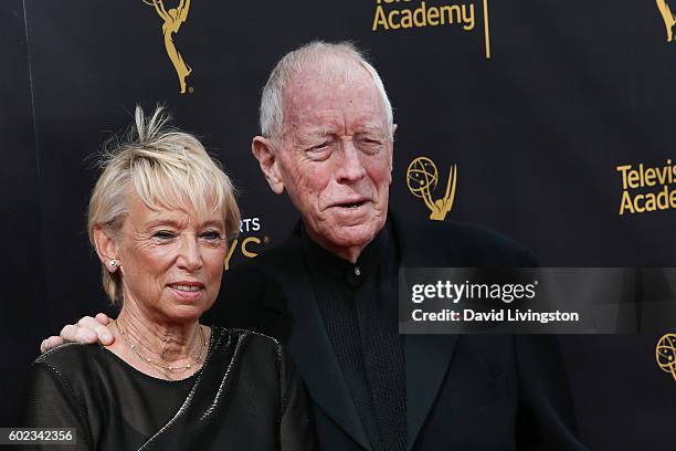 Actors Catherine Brelet and Max von Sydow attend the 2016 Creative Arts Emmy Awards Day 1 at the Microsoft Theater on September 10, 2016 in Los...