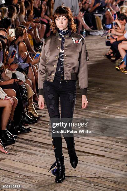 Model Grace Hartzel walks the runway at Tommy Hilfiger Women's Fashion Show during New York Fashion Week at Pier 19 on September 9, 2016 in New York...