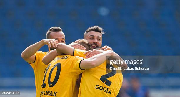 Teammates of Dresden celebrates after Marvin Stefaniak of Dresden scoring 1:0 goal during the Second Bundesliga match between Hannover 96 and SG...