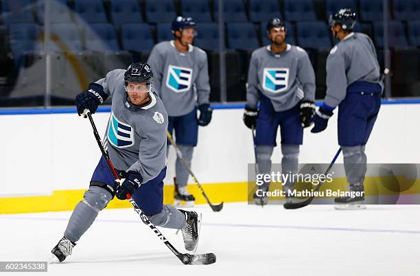 Mark Streit of Team Europe shoots the puck during a practice at the Centre Videotron on September 7, 2016 in Quebec City, Quebec, Canada.