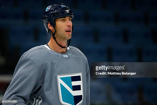 Zdeno Chara of Team Europe looks on during a practice at the Centre Videotron on September 7, 2016 in Quebec City, Quebec, Canada.