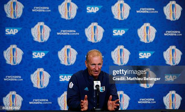Team Europe head coach Ralph Krueger's speaks to the media after practice at the Centre Videotron on September 7, 2016 in Quebec City, Quebec, Canada.