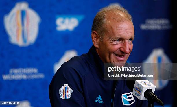 Team Europe head coach Ralph Krueger's speaks to the media after practice at the Centre Videotron on September 7, 2016 in Quebec City, Quebec, Canada.