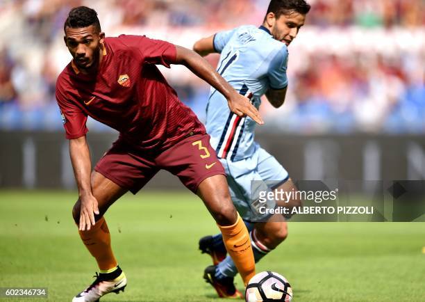 Roma's defender from Brazil Juan Jesus fights for the ball with Sampdoria's midfielder from Argentina Ricardo Gabriel Alvarez during the Italian...