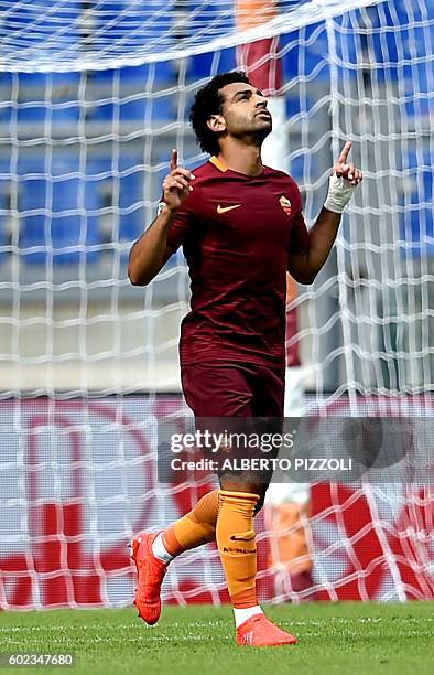 Roma's midfielder from Egypt Mohamed Salah celebrates after scoring a goal during the Italian Serie A football match between As Roma and Sampdoria on...