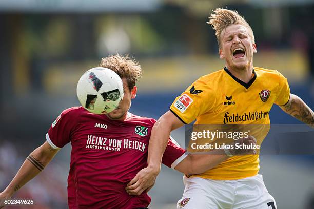 Oliver Sorg of Hanover and Marvin Stefaniak of Dresden in action during the Second Bundesliga match between Hannover 96 and SG Dynamo Dresden at...