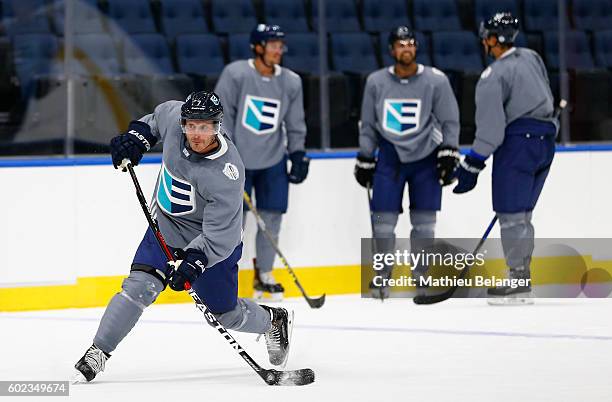 Mark Streit of Team Europe shoots the puck during a practice at the Centre Videotron on September 7, 2016 in Quebec City, Quebec, Canada.