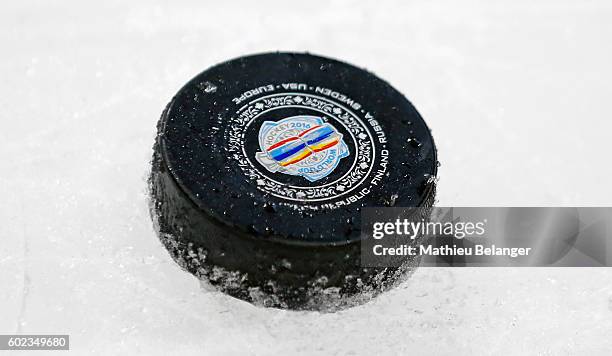 Puck is pictured on the ice during a practice at the Centre Videotron on September 7, 2016 in Quebec City, Quebec, Canada.