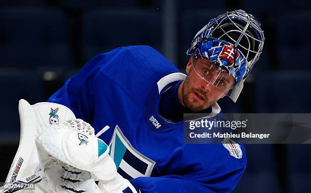 Goalie Jaroslav Halak of Team Europe shoots a puck during a practice at the Centre Videotron on September 7, 2016 in Quebec City, Quebec, Canada.