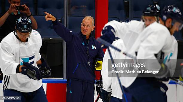 Team Europe players listen to Ralph Krueger's instructions during a practice at the Centre Videotron on September 7, 2016 in Quebec City, Quebec,...