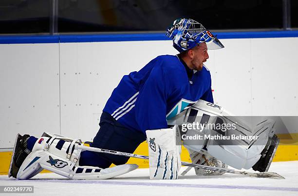 Goalie Jaroslav Halak of Team Europe stretches during a practice at the Centre Videotron on September 7, 2016 in Quebec City, Quebec, Canada.