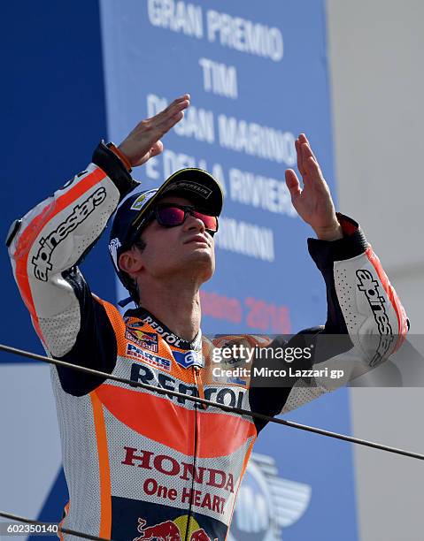 Dani Pedrosa of Repsol Honda Team celebrates winning the MotoGP of San Marino race at Misano World Circuit on September 11, 2016 in Misano Adriatico,...