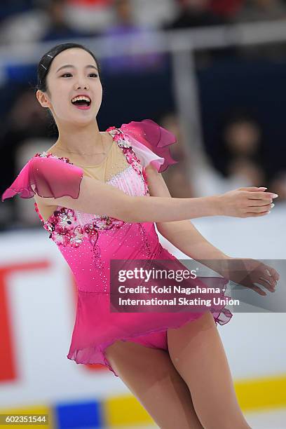 Marin Honda of Japan looks on after the junior women's free program during the ISU Junior Grand Prix of Figure Skating - Yokohama on September 11,...