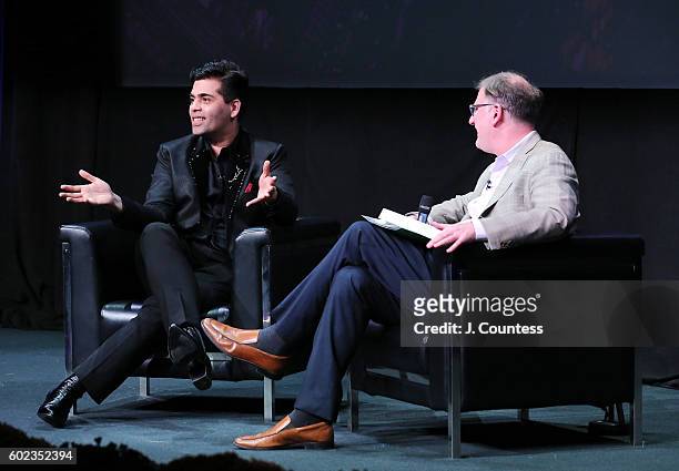 Director/actor Karan Johar speaks with moderator Noah Cowan during the 2016 Toronto International Film Festival - In Conversation With... Karan Johar...