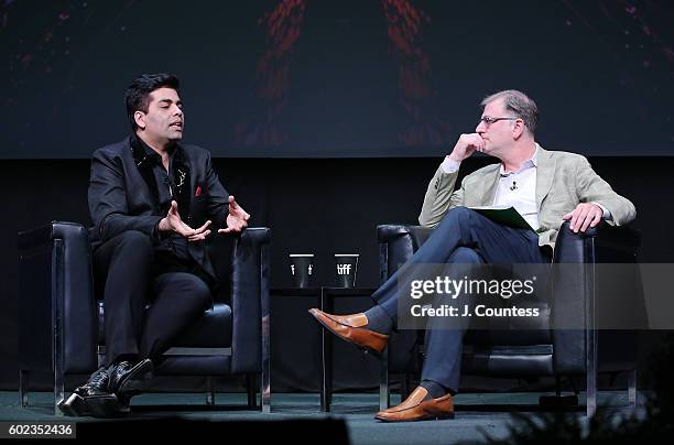 Director/actor Karan Johar speaks with moderator Noah Cowan during the 2016 Toronto International Film Festival - In Conversation With... Karan Johar...