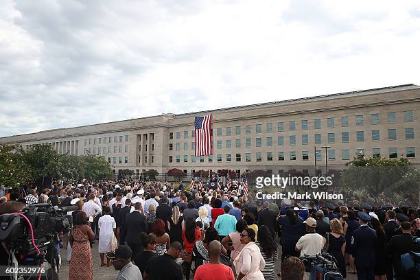 President Barack Obama during a ceremony to mark the 15th anniversary of the 9/11 terrorists attacks at the Pentagon Memorial September 11, 2016 in...