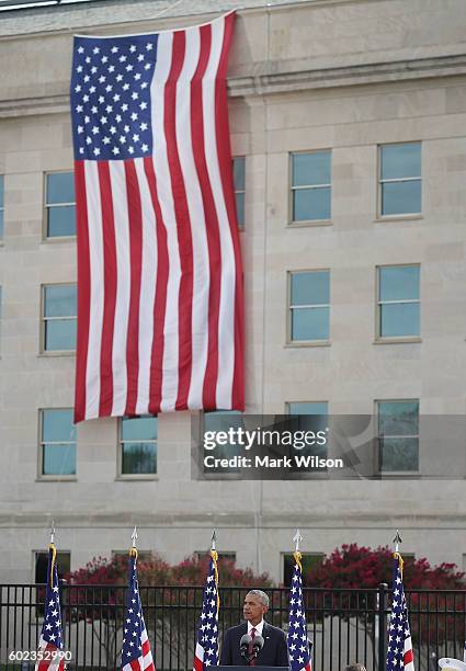 President Barack Obama speaks during a ceremony to mark the 15th anniversary of the 9/11 terrorists attacks at the Pentagon Memorial September 11,...