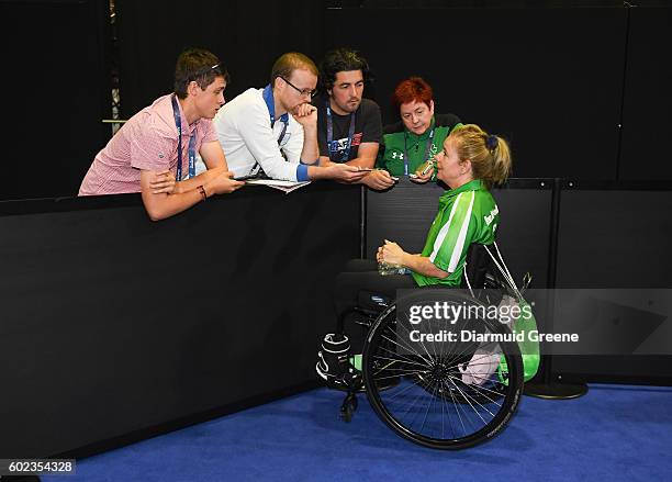 Rio , Brazil - 10 September 2016; Rena McCarron Rooney of Ireland speaks to reporters in the mixed zone after her SF1 - 2 Women's Singles Quarter...